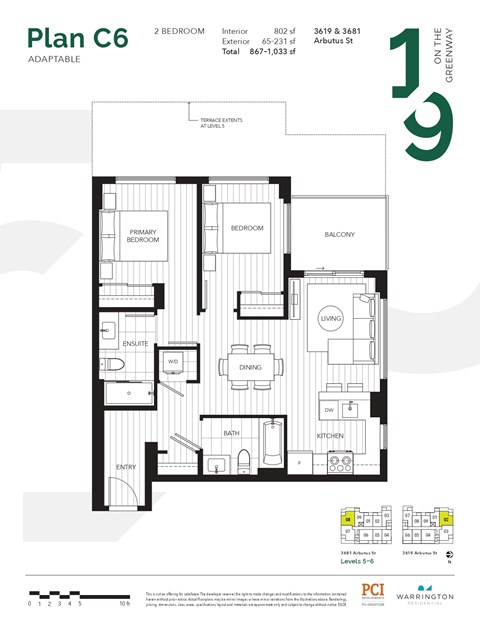 Floor plan for 2 beds, 2 baths, 802 sqft
